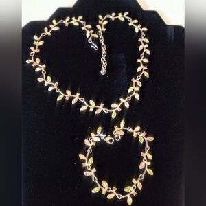 Vintage Silver Tone Floral Vine Pink Green AB Rhinestone Necklace & Bracelet Set